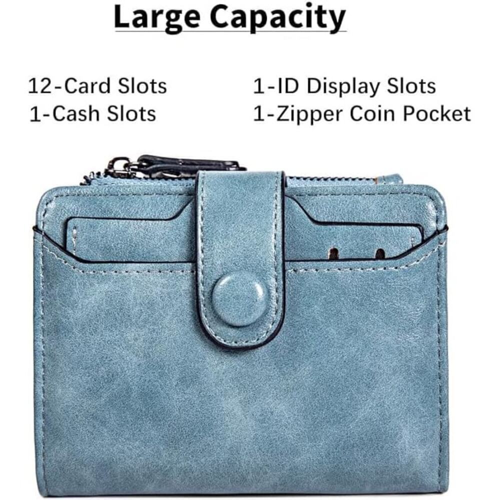 Women's Leather Wallet RFID Blocking Bifold Zipper Coin Pocket ID Window Blue - Picture 4 of 7